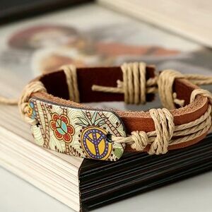 1pc Hemp Rope‎ Braided Cowhide Faux Leather Bracelet